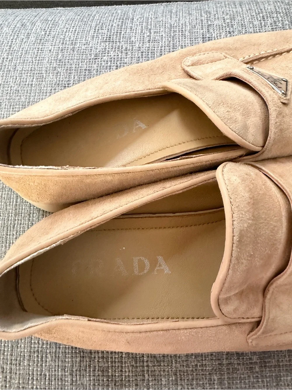 Prada Ecru Suede Loafers Metal Logo $1100